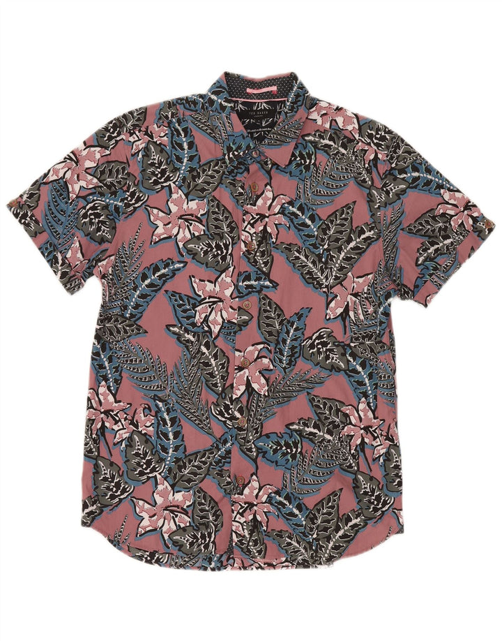 Ted Baker Herren-Kurzarmhemd, Größe 3, Mittelrosa, Blumenmuster, Baumwolle