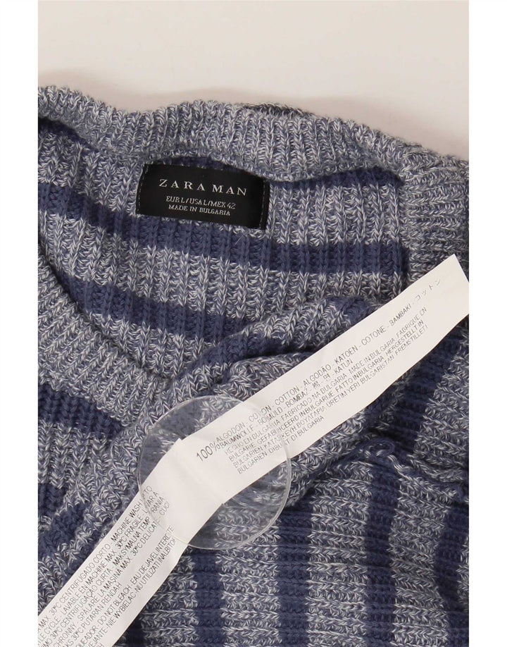 Zara Herren-Pullover mit Rundhalsausschnitt, groß, blau gestreift, Baumwolle