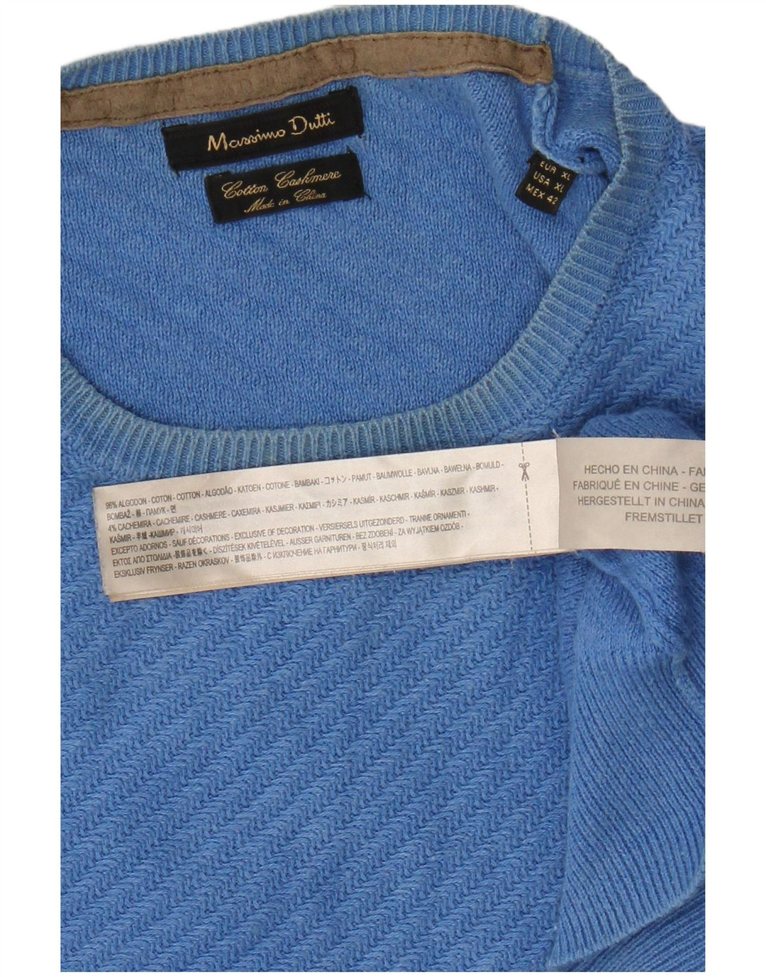 Massimo Dutti Herren-Pullover mit Rundhalsausschnitt, XL, blaue Baumwolle