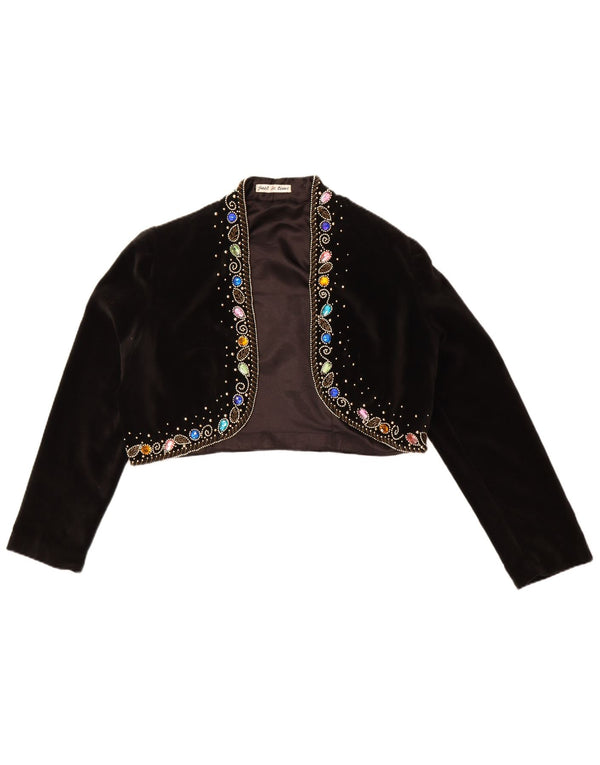 Vintage Damen Samt Bolero Jacke UK 14 Große schwarze Baumwolle