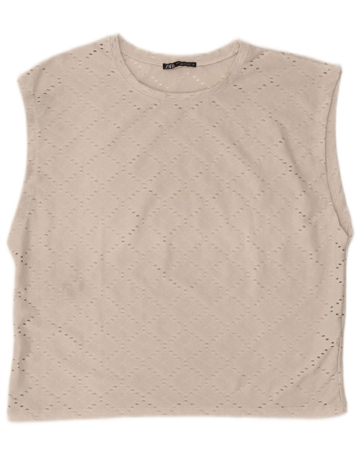 Ärmelloses, übergroßes Blusenoberteil für Damen von Zara, Gr. 10, Größe S, cremefarbenes Polyester