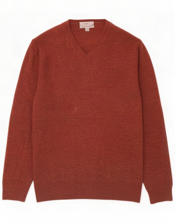 Marks & Spencer Mens V-Neck Jumper Sweater XL Brown Lambswool