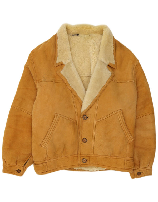 Vintage Herren Shearling Jacke IT 54 2XL Braunes Leder