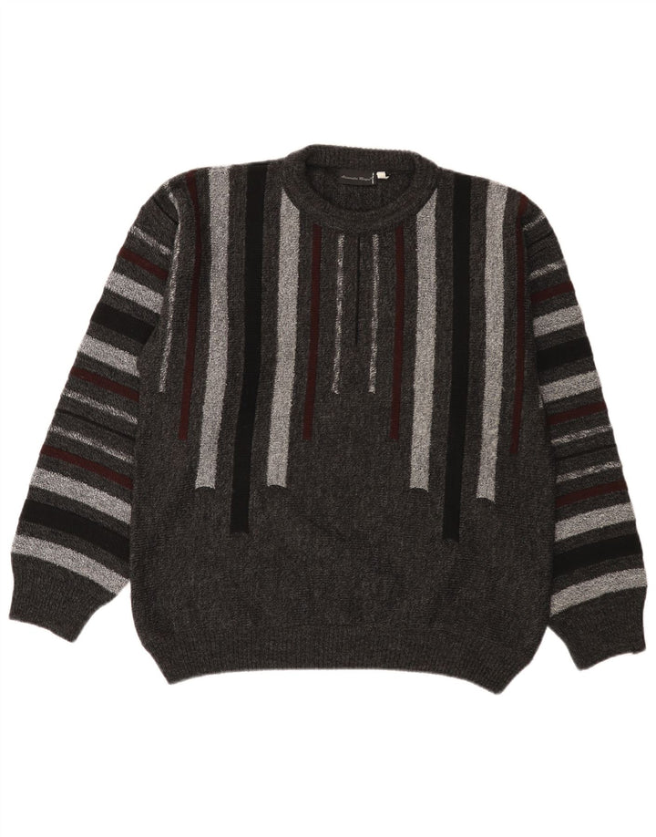Alessandro Magno Herren-Pullover mit Rundhalsausschnitt, mittelgrau, gestreift, Acryl