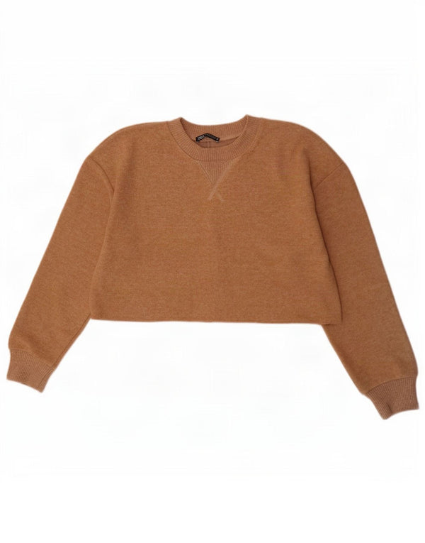 Zara Damen Crop Sweatshirt Pullover UK 14 Medium Beige Polyester