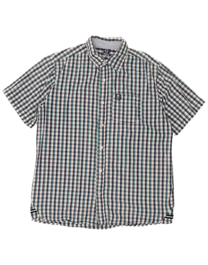 Sergio Tacchini Herren-Kurzarmhemd, große blaue Gingham-Baumwolle