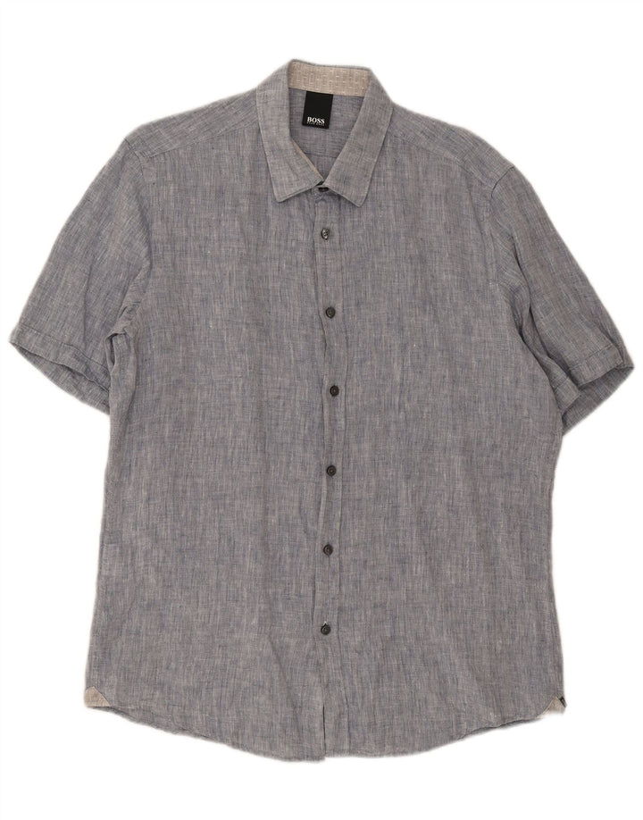 Hugo Boss Herren-Kurzarmhemd, groß, blaue Baumwolle