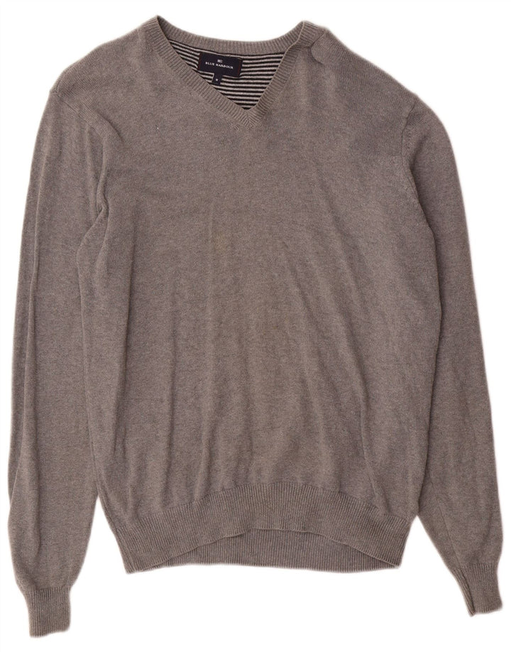 Marks & Spencer Herren-Pullover „Harbor“ aus mittelgrauer Baumwolle mit V-Ausschnitt in Blau