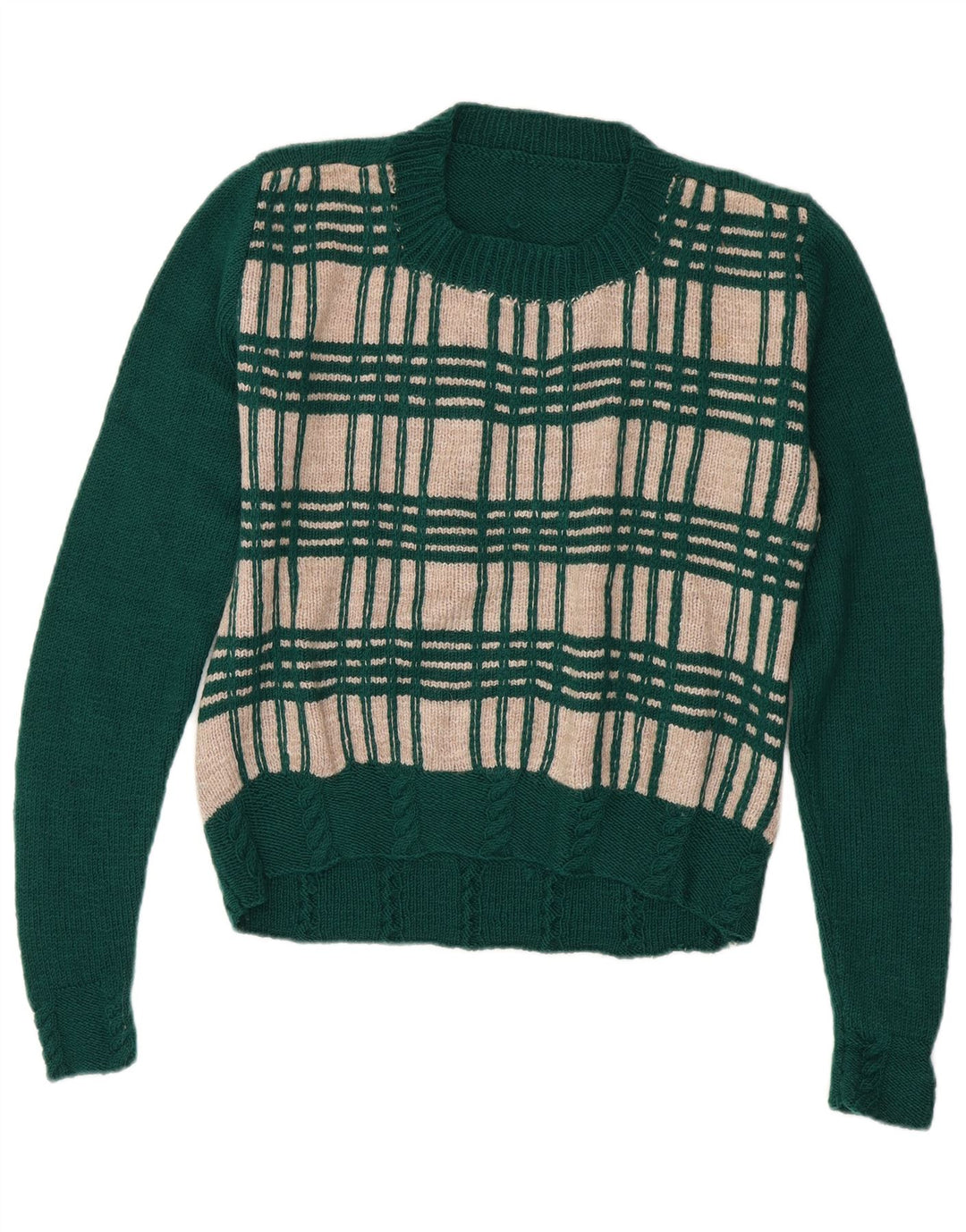 VINTAGE Damen Pullover mit Rundhalsausschnitt UK 14 Mittelgrün kariert