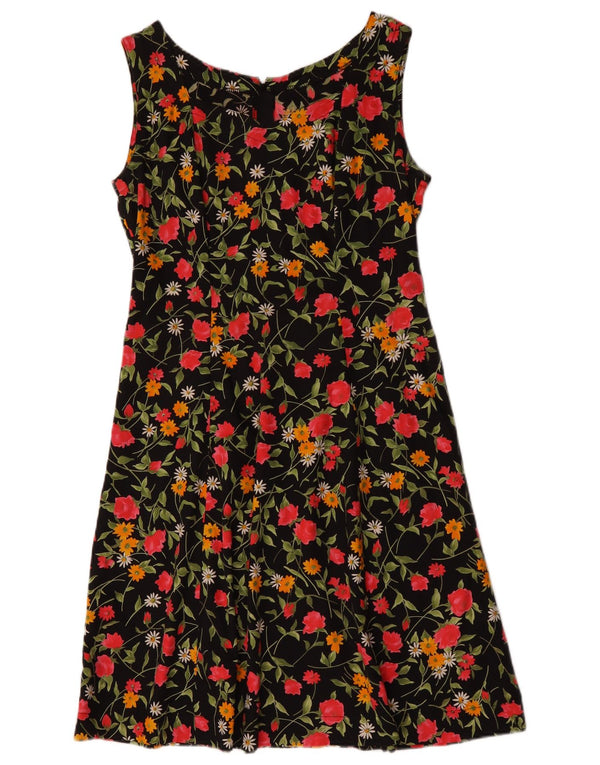Vintage Damen Ärmelloses A-Linien-Kleid UK 12 Mittelschwarz geblümt