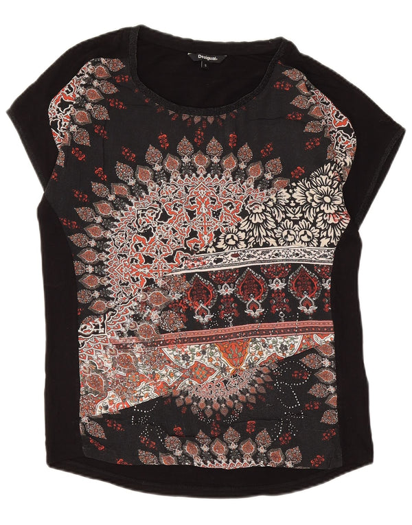 Desigual Damen Grafik-T-Shirt Top UK 10 Small Schwarz geblümte Viskose