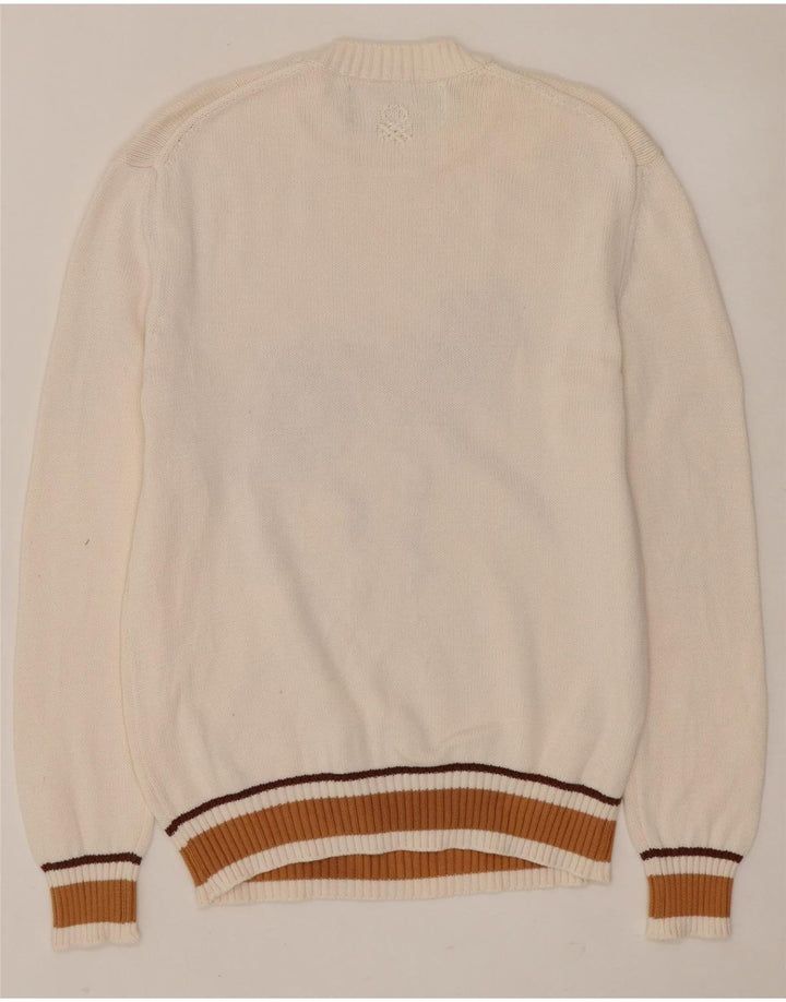 BENETTON Damen-Pullover mit grafischem Rundhalsausschnitt, UK 14, Mittelweiß