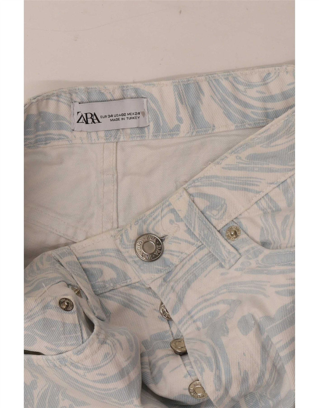 Zara Damen-Jeansshorts mit abstraktem Muster, EU 34, 2XS, W24, Blau