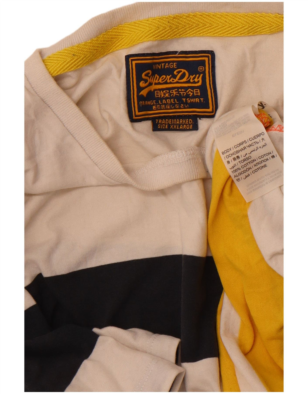 Superdry Herren-T-Shirt-Oberteil 2XL aus cremefarbener, gestreifter Baumwolle