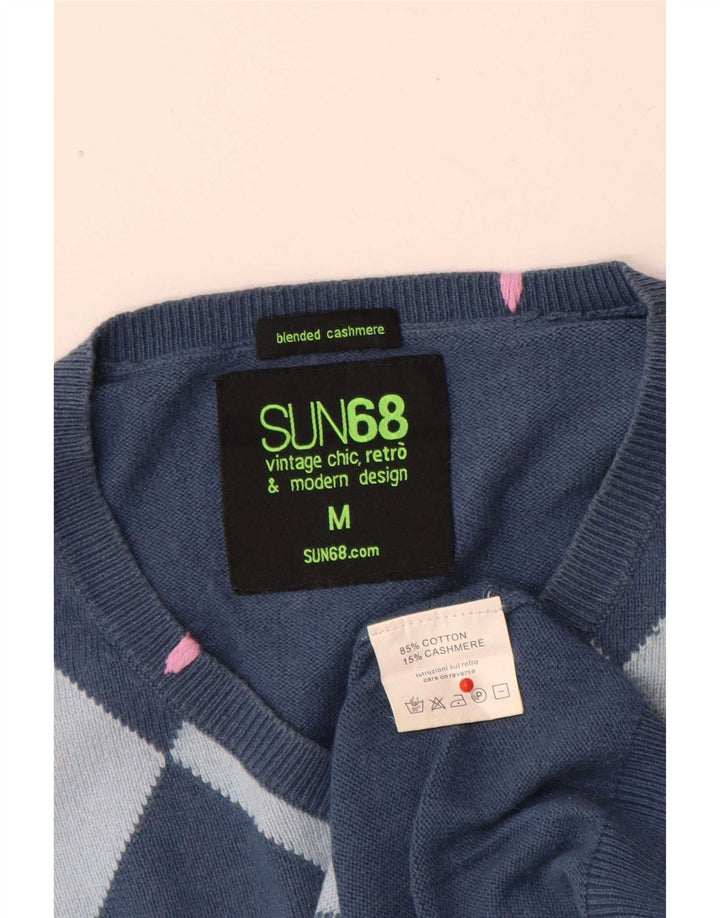 Sun68 Herren-Pullover mit V-Ausschnitt, mittelblaue Argyle-/Diamant-Baumwolle