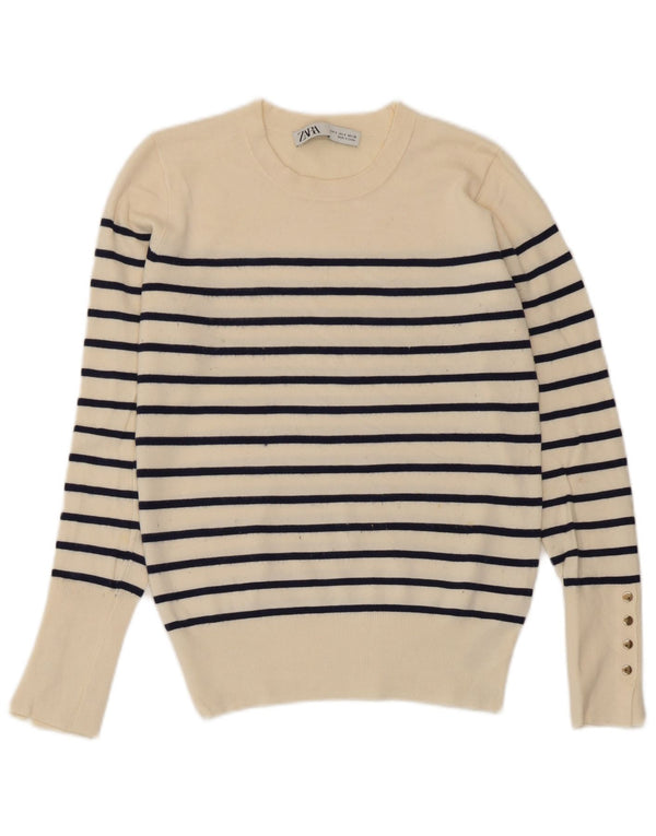 Zara Damen-Pullover mit Rundhalsausschnitt, Gr. 10, Größe S, cremefarbene, gestreifte Viskose