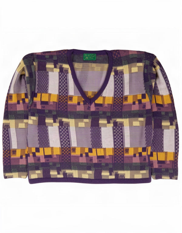 Vintage Damen V-Ausschnitt Pullover Pullover UK 14 Medium Lila Geometrisch Baumwolle