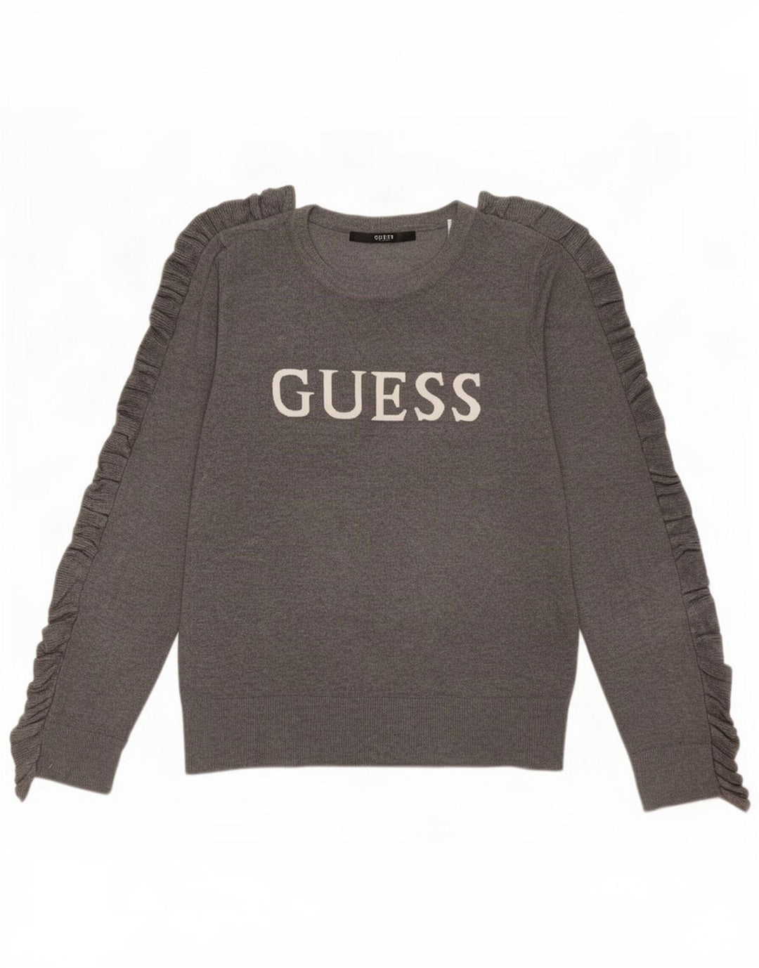 Guess Damen-Pullover mit grafischem Rundhalsausschnitt, UK 14, Mittelgrau