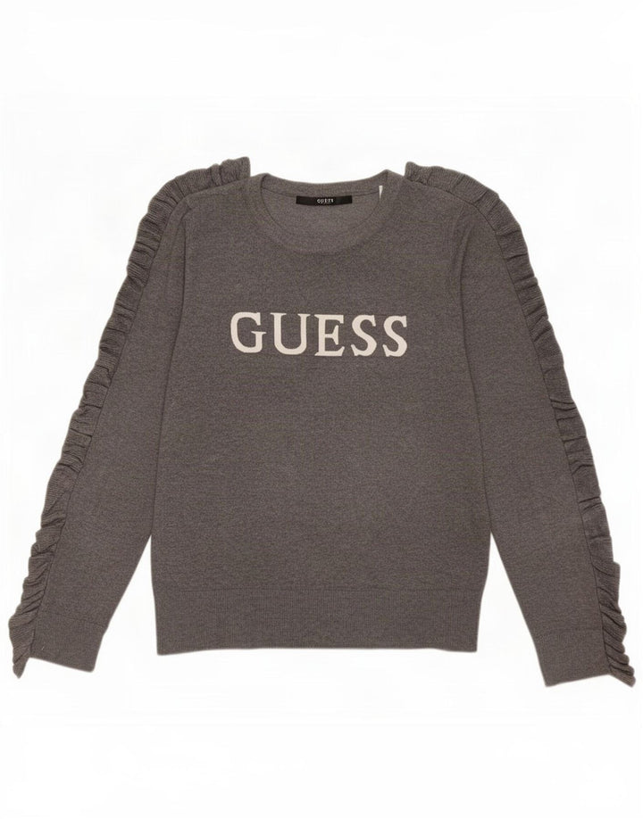 Guess Damen-Pullover mit grafischem Rundhalsausschnitt, UK 14, Mittelgrau