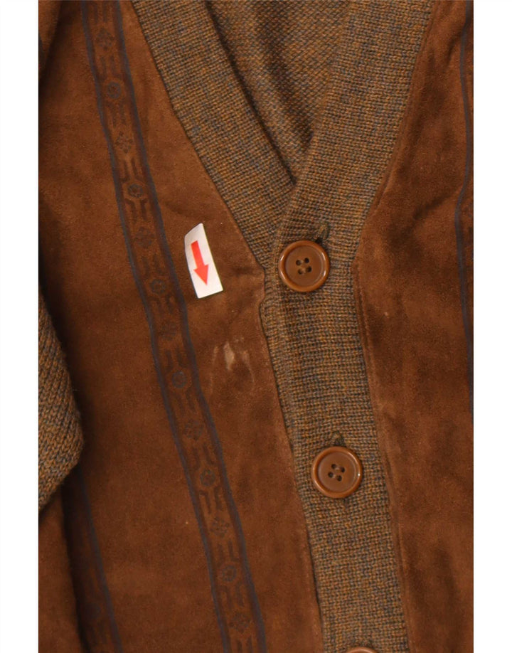 Vintage Herren Wildleder Cardigan Pullover Große braune geometrische Wolle