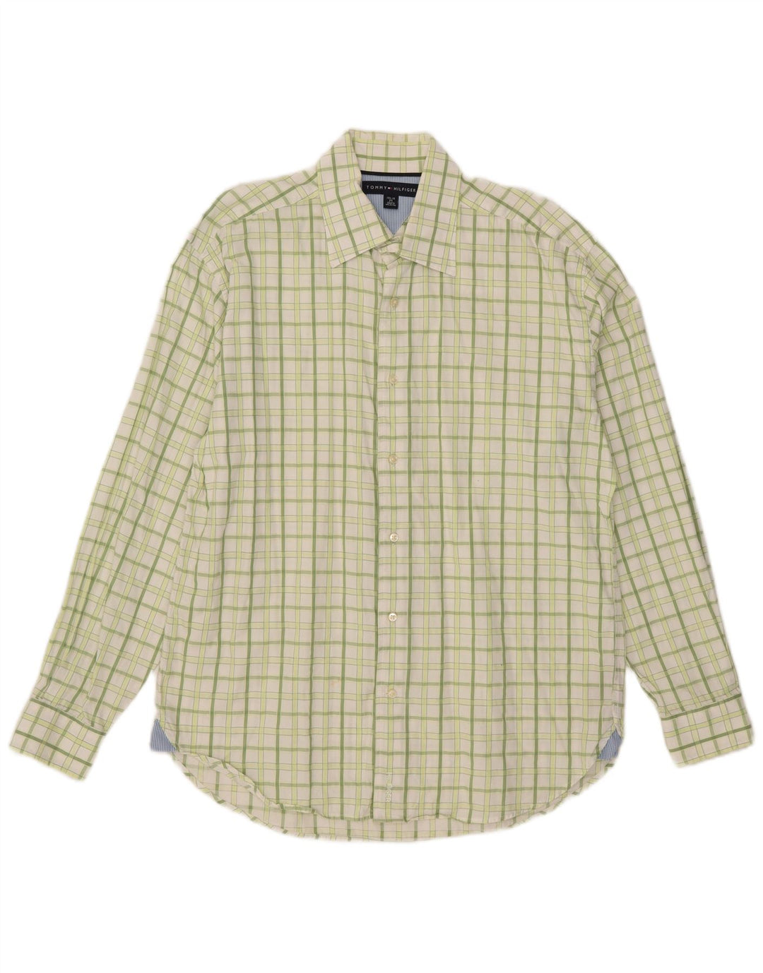 Tommy Hilfiger Herrenhemd, Größe 15 1/2 16, mittelgrün karierte Baumwolle