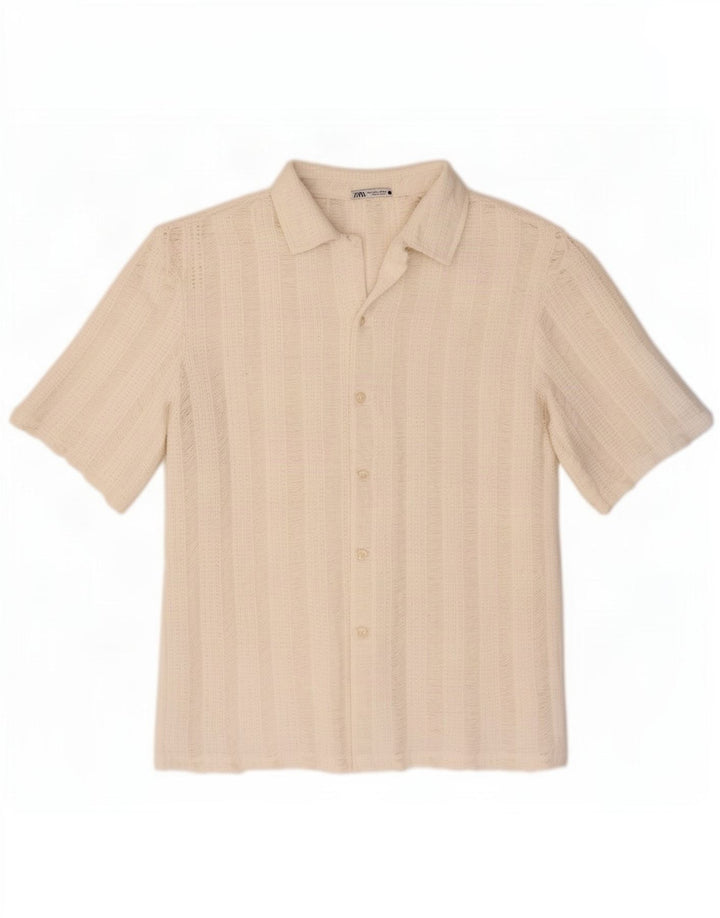 Zara Herren Kurzarm-Strickhemd, groß, weiß gestreift, Polyester