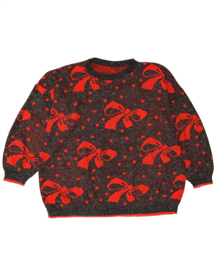 VINTAGE Damen Übergroßer Pullover mit Rundhalsausschnitt UK 22 3XL Grau gepunktet