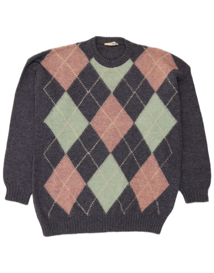 VINTAGE Herren-Pullover mit Rundhalsausschnitt, groß, blau, Argyle/Diamant