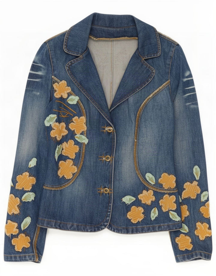 Vintage Damen Jeansjacke EU 38 Mittelblaue geblümte Baumwolle