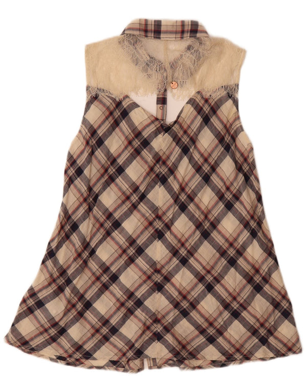 Guess Ärmelloses, übergroßes Hemdkleid für Damen, UK 6, XS, beige karierte Baumwolle
