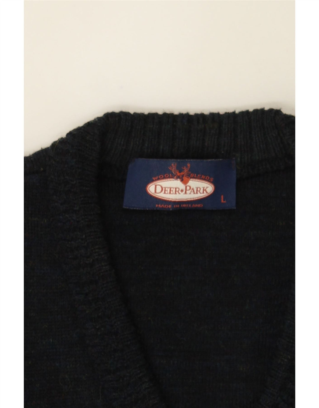 DEER PARK Mens V-Neck Jumper Sweater Large Navy Blue Geometric Wool Vintage Deer Park and Second-Hand Deer Park from Messina Hembry 