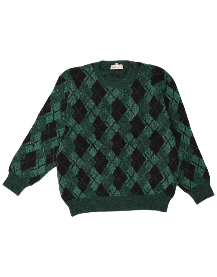 Vintage Herren Pullover mit Rundhalsausschnitt IT 48 Mittelgrün Argyle/Diamant