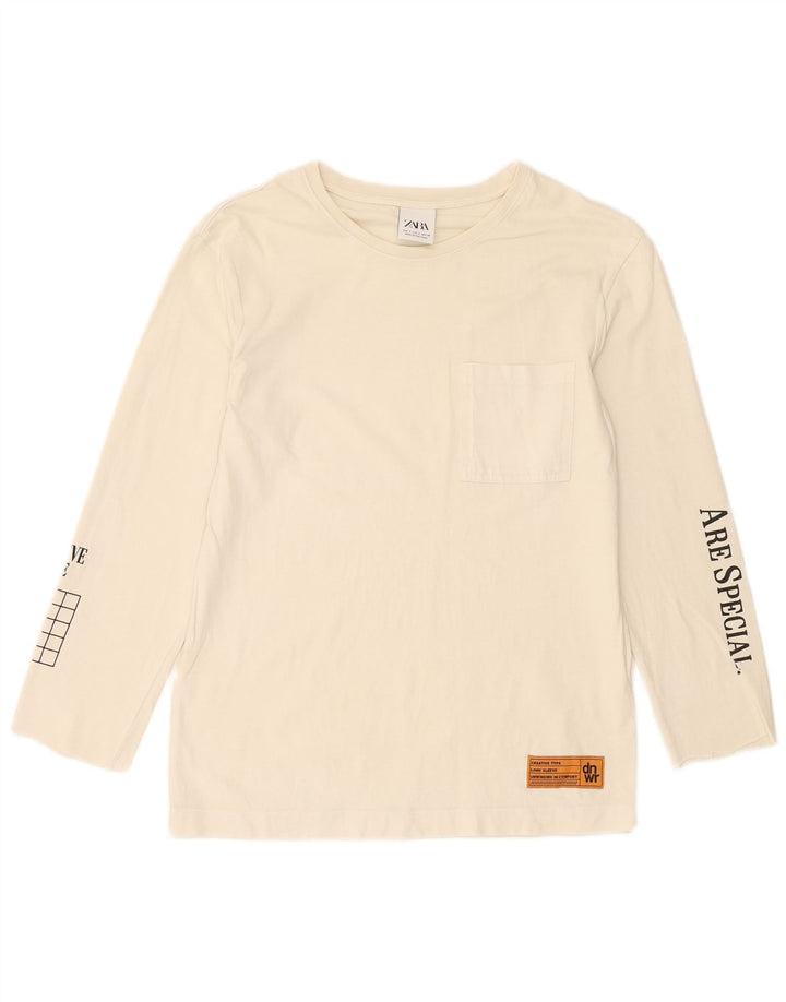 ZARA Mens Graphic Top Long Sleeve Small Off White Cotton
