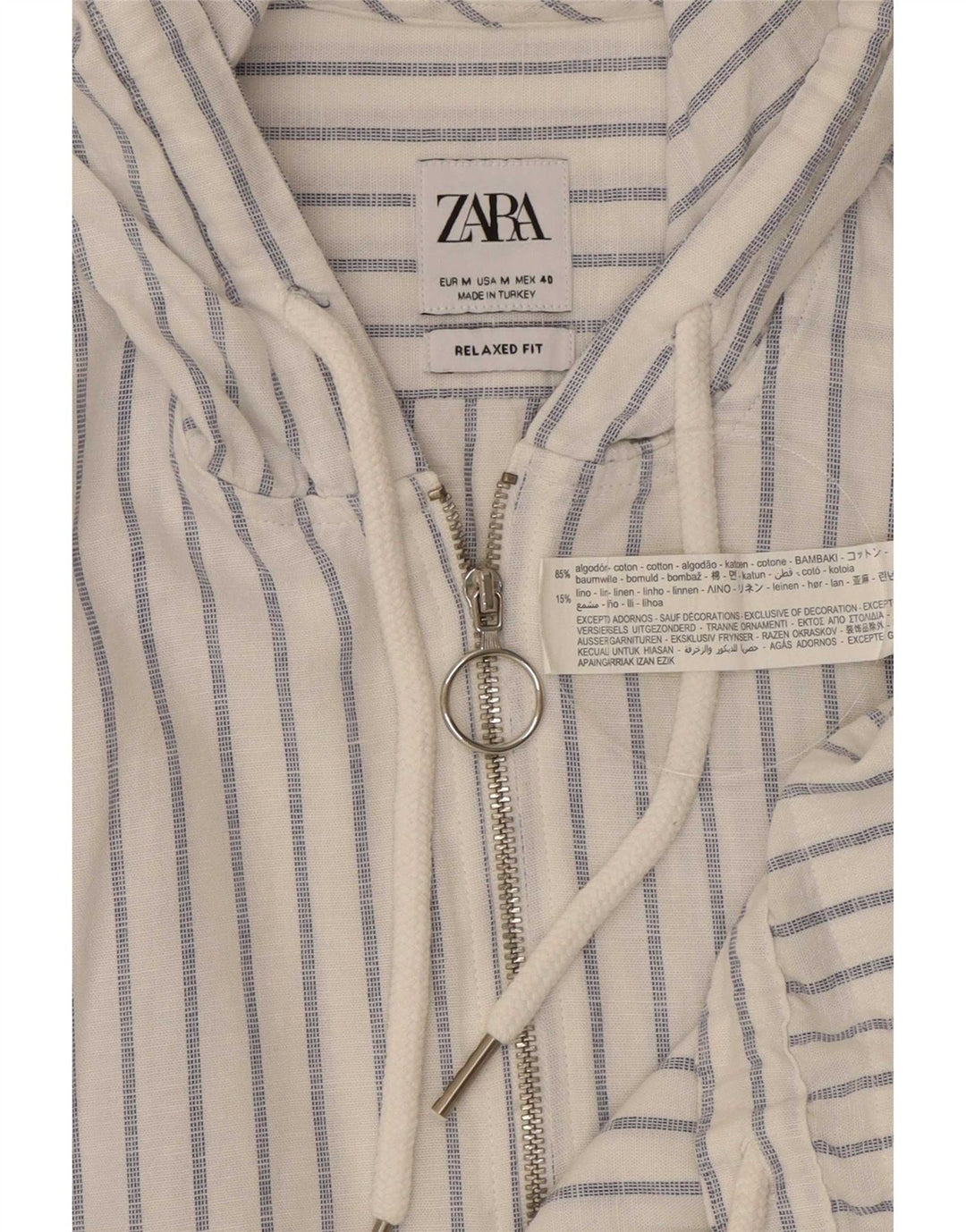Zara Herren-Pullover mit Kapuze, entspannte Passform, mittelblaue Nadelstreifen-Baumwolle