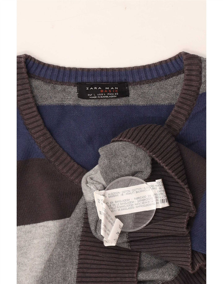 Zara Herren-Pullover mit V-Ausschnitt, groß, mehrfarbig, gestreift, Baumwolle