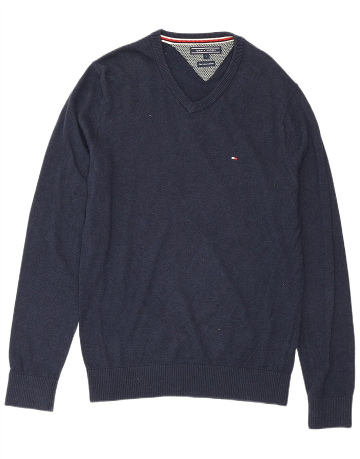 TOMMY HILFIGER Herren-Pullover mit V-Ausschnitt, Größe S, marineblaue Baumwolle