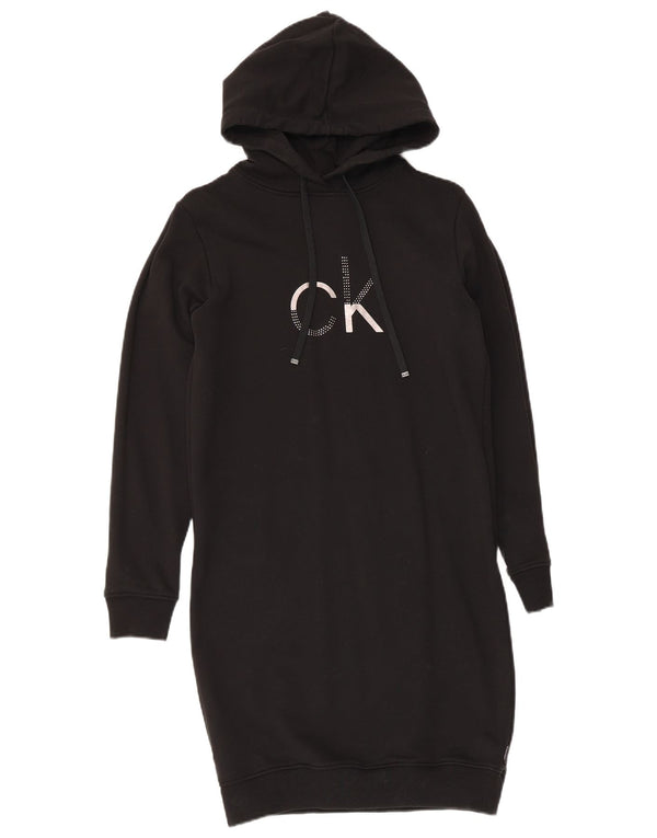 Calvin Klein Damen Graphic Hoodie Kleid UK 6 XS Schwarz Baumwolle