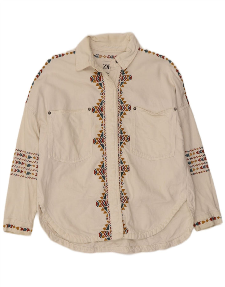 Zara Damen-Oversize-Hemd, UK 10, Größe S, weiß, geometrisch, Baumwolle