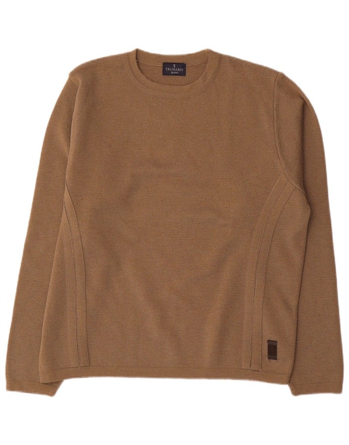Trussardi Jeans Herren-Pullover mit Rundhalsausschnitt aus mittelbrauner Wolle