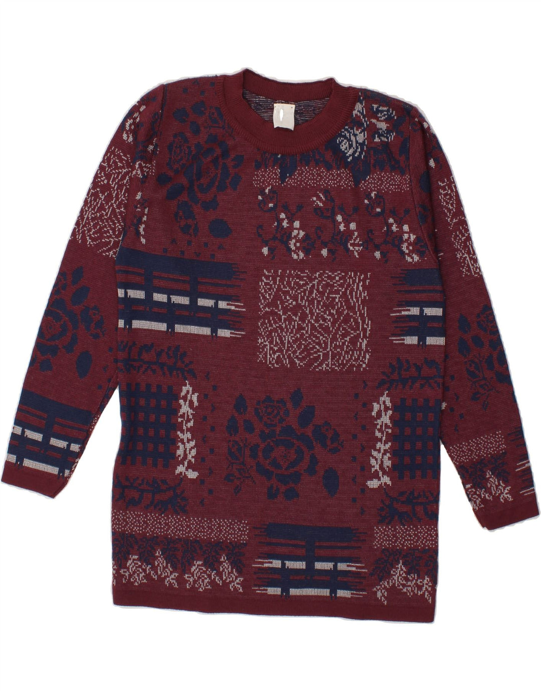 VINTAGE Womens Longline Crew Neck Jumper Sweater UK 12 Medium Maroon Vintage Vintage and Second-Hand Vintage from Messina Hembry 