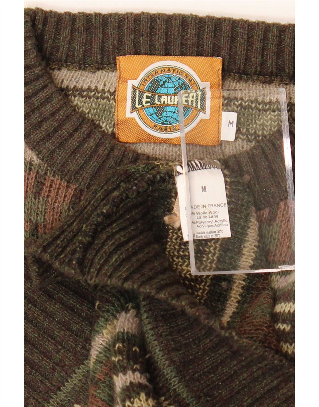 Le Laureat Herren-Pullover mit Rundhalsausschnitt, mittelgroße Khaki-geometrische Wolle