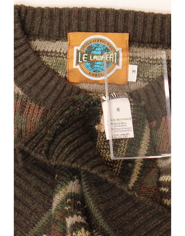 Le Laureat Herren-Pullover mit Rundhalsausschnitt, mittelgroße Khaki-geometrische Wolle