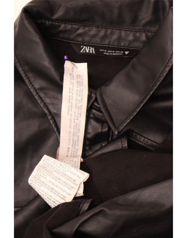 Zara Damen Kunstlederhemd UK 14 Medium Schwarz Polyester