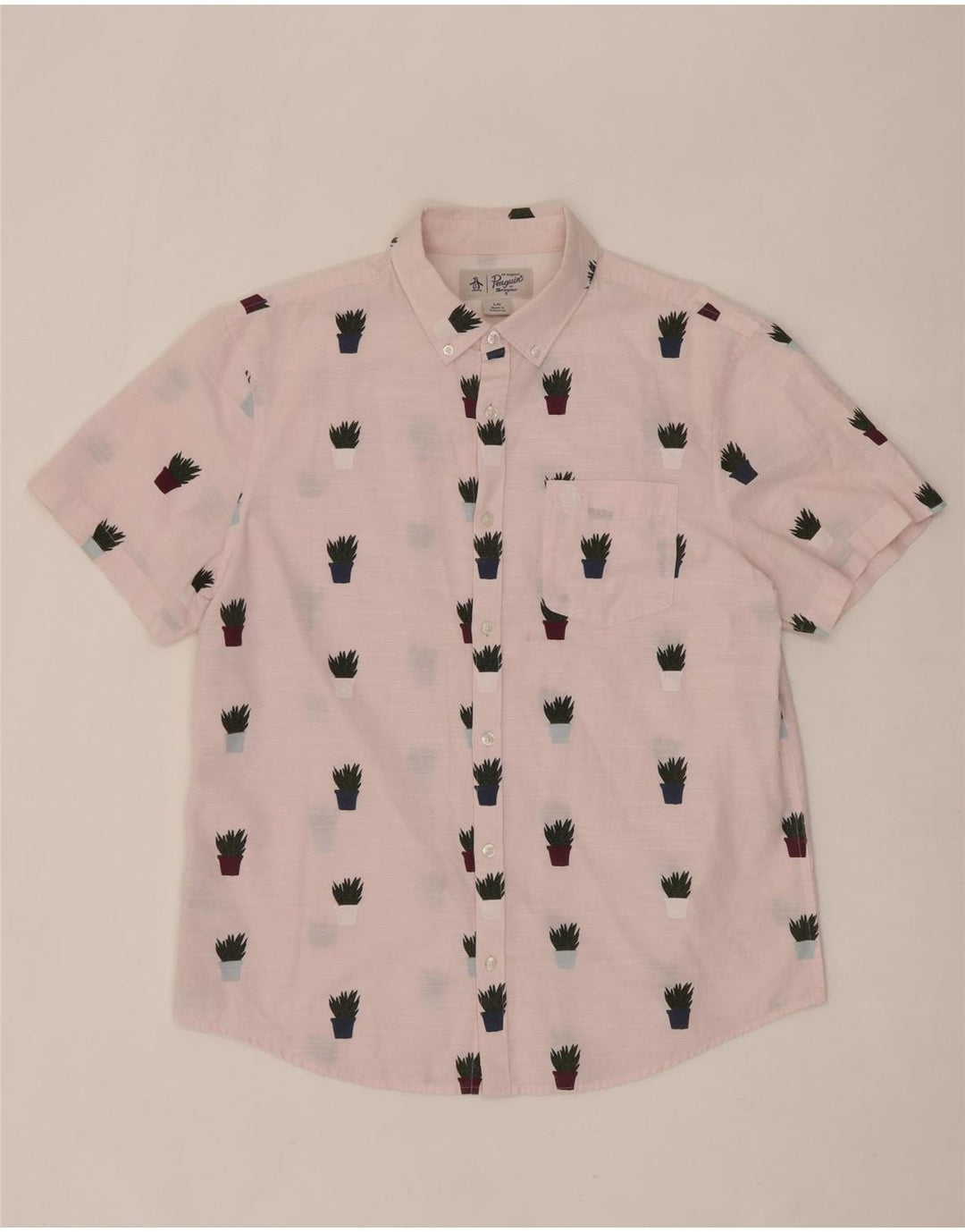 PENGUIN Mens Abstract Pattern Short Sleeve Shirt Large Pink Cotton Vintage Penguin and Second-Hand Penguin from Messina Hembry 