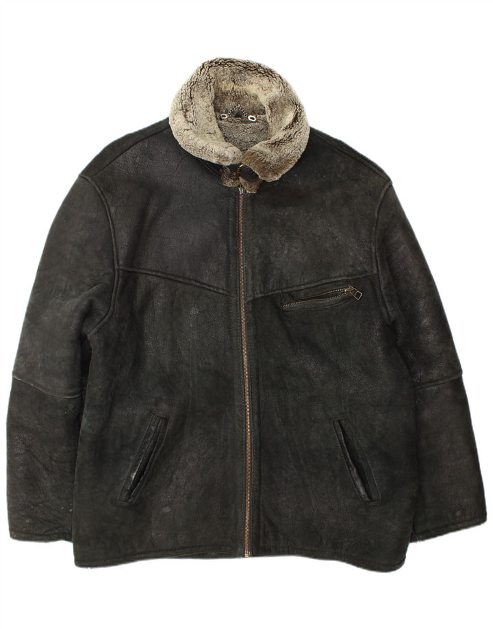 Vintage Herren Shearling Jacke UK 42 XL Schwarzes Leder