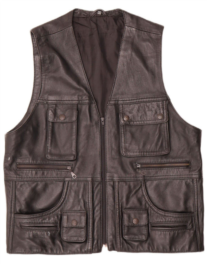 Vintage Herren Leder Utility Gilet EU 52 XL Schwarz