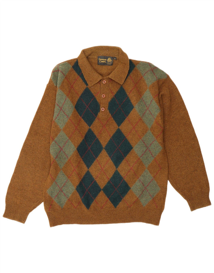 VINTAGE Herren Rollkragenpullover Pullover IT 48 Small Brown Argyle/Diamond