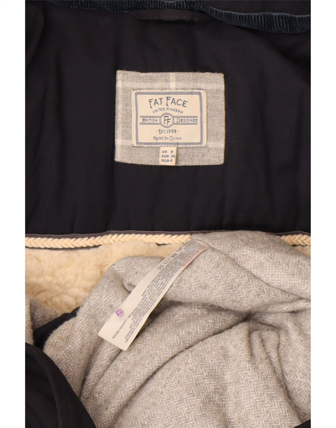 Fat Face Damen-Kapuzen-Sherpa-gepolsterter Mantel, Größe S, Marineblau, Polyester
