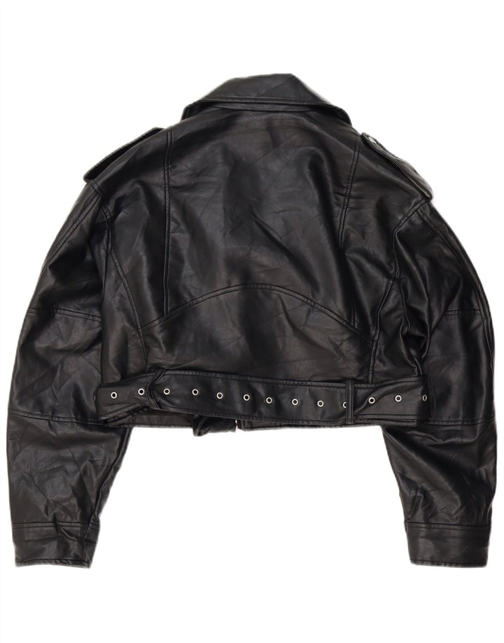 Zara Damen Crop Übergroße Bikerjacke aus Kunstleder UK 10 Small Schwarz