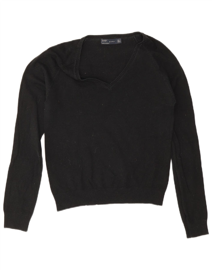 Zara Damen-Pullover mit V-Ausschnitt, UK 12, mittelschwarz, Baumwolle